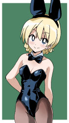 Rule 34 | 1girl, animal ears, arm behind back, black leotard, blonde hair, blue eyes, border, bow, bowtie, braid, breasts, closed mouth, commentary, cowboy shot, darjeeling (girls und panzer), detached collar, fake animal ears, girls und panzer, green background, grey pantyhose, highres, leotard, looking at viewer, medium breasts, outside border, pantyhose, playboy bunny, ponzu rui, rabbit ears, short hair, simple background, smile, solo, standing, strapless, strapless leotard, thigh gap, twin braids, white border, wrist cuffs
