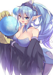 Rule 34 | 1girl, absurdres, black feathers, blue eyes, blue hair, breasts, cleavage, duel monster, feathered wings, feathers, harpie oracle, harpy, highres, holding orb, kanzakietc, large breasts, leotard, long hair, monster girl, open mouth, pantyhose, pointy ears, ponytail, solo, winged arms, wings, yu-gi-oh!