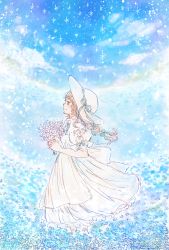 Rule 34 | 1girl, blue flower, blue ribbon, blue sky, braid, cloud, dress, flower, from side, gradient sky, hair ribbon, hat, hat ribbon, holding, holding flower, light blush, light brown hair, light particles, looking afar, looking up, momochy, original, pastel colors, plant, profile, puffy short sleeves, puffy sleeves, ribbon, short sleeves, sky, solo, star (sky), sun hat, sunlight, too many flowers, white dress, white hat, wind