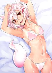 Rule 34 | &gt;:d, 1girl, :d, animal ears, armpits, arms up, asuzemu, bare arms, bare shoulders, bed sheet, bikini, breasts, collarbone, commentary request, cowboy shot, fang, from above, groin, hair between eyes, head tilt, highres, inubashiri momiji, looking at viewer, looking up, lying, navel, on back, open mouth, pink bikini, pink hair, red eyes, round teeth, shiny skin, short hair, small breasts, smile, stomach, string bikini, swimsuit, tail, teeth, thighs, touhou, tsurime, v-shaped eyebrows, wolf ears, wolf tail