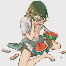 Rule 34 | 1girl, barefoot, eating, food, fruit, green eyes, green hair, green shorts, highres, jimao, knife, looking at viewer, on ground, original, shirt, short hair, short sleeves, shorts, sitting, solo, towel, watermelon, watermelon seeds, white background, white shirt
