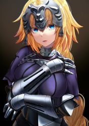 Rule 34 | 1girl, armor, armored dress, blonde hair, blue eyes, braid, breasts, chain, fate/apocrypha, fate (series), faulds, gakuon (gakuto), gauntlets, headpiece, highres, jeanne d&#039;arc (fate), jeanne d&#039;arc (ruler) (fate), large breasts, long braid, long hair, looking at viewer, open mouth, plackart, single braid, solo, very long hair