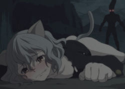 Rule 34 | 1girl, androgynous, animal ears, blush, brown eyes, cat ears, cat tail, dark, defeat, fang, glowing, glowing eyes, gon-san, gon freecss, hunter x hunter, long hair, neferpitou, nishi tanuki, red eyes, short hair, silver hair, solo, solo focus, tail, torn clothes, very long hair, you gonna get raped