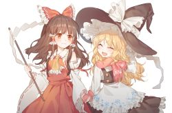 Rule 34 | 2girls, ^ ^, apron, arm behind head, ascot, bare shoulders, black headwear, black skirt, black vest, blonde hair, blush, bow, brown hair, closed eyes, detached sleeves, frilled bow, frills, gloves, gohei, hair bow, hair tubes, hajin, hakurei reimu, hat, hat bow, hidden star in four seasons, highres, holding hands, kirisame marisa, long hair, messy hair, multiple girls, open mouth, orange eyes, pink gloves, red bow, red eyes, red scarf, red skirt, ribbon-trimmed collar, ribbon trim, scarf, sidelocks, skirt, skirt set, smile, touhou, very long hair, vest, waist apron, wavy hair, white apron, white background, white bow, wide sleeves, witch hat, yellow ascot