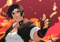 Rule 34 | 10s, 1boy, 2015, baire, brown hair, dated, fingerless gloves, fire, gakuran, gloves, hachimaki, headband, jacket, kusanagi kyou, male focus, open clothes, open jacket, pointing, pyrokinesis, school uniform, signature, sleeves rolled up, snk, solo, the king of fighters, upper body