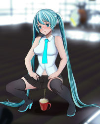 Rule 34 | 1girl, aruman, blue hair, blush, cup, hatsune miku, highres, long hair, mug, necktie, open mouth, pee, peeing, peeing in cup, squatting, twintails, vocaloid
