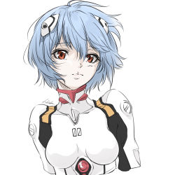 Rule 34 | 1girl, ayanami rei, bambi surprise, blue hair, breasts, cropped arms, cropped torso, highres, interface headset, looking at viewer, medium breasts, neon genesis evangelion, plugsuit, red eyes, short hair, signature, solo, white background