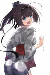 Rule 34 | 1girl, ahoge, akizuki (kancolle), black hair, blue eyes, checkered clothes, checkered kimono, from behind, hachimaki, hairband, headband, highres, japanese clothes, kantai collection, kimono, looking at viewer, lzd, one-hour drawing challenge, open mouth, ponytail, simple background, smile, solo, twitter username, white background, yukata