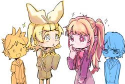 Rule 34 | 2boys, 2girls, black shorts, blonde hair, blue eyes, brother and sister, commentary, crossover, detached sleeves, english commentary, headphones, highres, hoshino aquamarine, hoshino ruby, kagamine len, kagamine rin, mismatched pupils, molly yancey, multiple boys, multiple girls, necktie, open mouth, oshi no ko, pink eyes, sailor collar, sailor shirt, school uniform, shirt, shorts, siblings, smile, sparkle, twins, two side up, vocaloid, youtou high school uniform