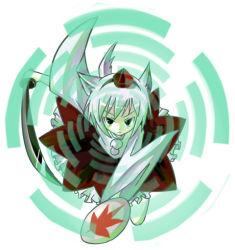 Rule 34 | 1girl, animal ears, circle, female focus, fighting stance, haro (artist), hat, inubashiri momiji, looking at viewer, shield, short hair, simple background, solo, sword, touhou, tsurime, weapon, white hair, wide sleeves, wolf ears