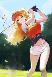 Rule 34 | 1girl, birdie wing: golf girls&#039; story, blonde hair, blue eyes, blurry, blurry background, closed mouth, cloud, eve (birdie wing: golf girls&#039; story), gloves, golf club, grass, hair between eyes, hat, highres, long hair, midriff, navel, outdoors, ponytail, short shorts, shorts, single glove, sky, solo, standing, thighs, tree