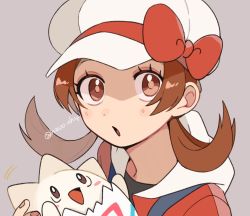 Rule 34 | 1girl, :o, bad id, bad twitter id, blush stickers, bow, brown eyes, brown hair, cabbie hat, creatures (company), eyelashes, game freak, gen 2 pokemon, grey background, hat, hat bow, highres, holding, holding pokemon, long hair, looking at viewer, lyra (pokemon), momotose (hzuu xh4), nintendo, pokemon, pokemon (creature), pokemon hgss, red bow, red shirt, shirt, togepi, twintails, twitter username, upper body, white headwear