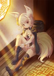 Rule 34 | 1girl, animal ear fluff, animal ears, bad id, bad pixiv id, black thighhighs, blade &amp; soul, blush, closed mouth, collarbone, commentary request, dress, dressing, fox ears, fox girl, fox tail, hair ornament, head tilt, highres, hyonee, knee up, looking at viewer, lyn (blade &amp; soul), no shoes, on floor, original, red eyes, silver hair, sitting, smile, soles, solo, sunlight, tail, thighhighs, thighhighs pull, white dress, window, wooden floor