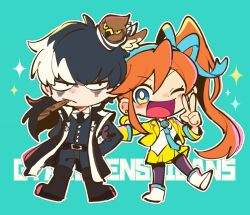 Rule 34 | 1boy, 1girl, ace attorney, arms behind back, athena cykes, bird, black hair, blue background, blue eyes, blue necktie, chibi, closed mouth, crescent, crescent earrings, cropped jacket, earrings, feathers, frown, gloves, hair ribbon, hawk, highres, jacket, jewelry, long hair, long sleeves, looking at another, mouth hold, multicolored hair, necktie, nono (norabi), one eye closed, open mouth, orange hair, phoenix wright: ace attorney - dual destinies, ponytail, ribbon, simon blackquill, simple background, single earring, single glove, skirt, smile, sparkle, taka (ace attorney), two-tone hair, v, white hair, yellow jacket, yellow skirt