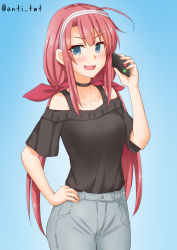 Rule 34 | 1girl, :d, ahoge, alternate costume, anti (untea9), asymmetrical bangs, bare shoulders, black choker, black shirt, blue background, blue eyes, blush, casual, cellphone, choker, cowboy shot, denim, gradient background, hair ribbon, hairband, hand on own hip, highres, holding, holding phone, jeans, kantai collection, kawakaze (kancolle), looking at viewer, low twintails, off-shoulder shirt, off shoulder, open mouth, pants, phone, red hair, red ribbon, ribbon, shirt, short sleeves, simple background, smartphone, smile, solo, talking on phone, twintails, twitter username, white hairband