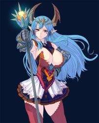 Rule 34 | bare shoulders, blue background, blue hair, breasts, gauntlets, highres, horns, kouno (masao), large breasts, long hair, looking at viewer, original, pointy ears, pout, red eyes, red thighhighs, simple background, skirt, solo, staff, thighhighs