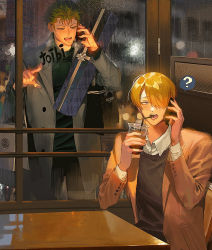 Rule 34 | 2boys, ?, bag, black coat, black shirt, blonde hair, blue eyes, box, brown coat, coat, collared shirt, cup, disposable cup, drinking, drinking straw, gift, gift box, green eyes, green hair, hair over one eye, holding, holding cup, holding gift, holding phone, looking at another, male focus, multiple boys, one eye covered, one piece, open mouth, phone, roronoa zoro, runa (nori31291404), sanji (one piece), shirt, shopping bag, short hair, sitting, smile, tongue, tongue out, white shirt
