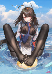 Rule 34 | 1girl, ahoge, arm between breasts, atdan, azur lane, between breasts, bird, black pantyhose, blue sky, bodysuit, breasts, brown hair, capelet, chick, covered navel, covering own mouth, day, embarrassed, feet, feet on toy, fingerless gloves, foot focus, frown, gloves, hairband, headgear, highres, independence (azur lane), large breasts, long hair, long sleeves, looking at viewer, manjuu (azur lane), no shoes, outdoors, pantyhose, red eyes, retrofit (azur lane), revision, seagull, sitting, skindentation, sky, slit pupils, solo, toes, very long hair, water