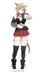 Rule 34 | 1girl, :3, accio, animal ears, arm behind back, bad id, bad pixiv id, bag, bandeau, belt, black footwear, black thighhighs, blonde hair, blue eyes, blush, boots, breasts, cat ears, detached sleeves, double bun, fang, final fantasy, final fantasy xiv, full body, hair bun, hand up, highres, large breasts, long sleeves, looking at viewer, midriff, miniskirt, miqo&#039;te, navel, pleated skirt, red skirt, shoulder bag, skindentation, skirt, sleeveless, solo, standing, thighhighs, white background, white thighhighs