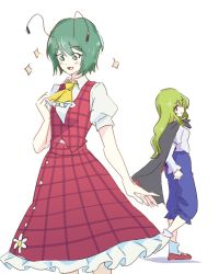 Rule 34 | 2girls, ascot, blue pants, blush, breasts, buttons, cloak, collar, collared shirt, cosplay, costume switch, eyes visible through hair, flower, from behind, green eyes, green hair, grey cloak, hair between eyes, hand up, highres, juliet sleeves, kazami yuuka, kazami yuuka (cosplay), long hair, long sleeves, looking at another, looking down, medium breasts, multiple girls, open mouth, pants, plaid, plaid skirt, plaid vest, puffy short sleeves, puffy sleeves, red eyes, red footwear, red skirt, red vest, shirt, shoes, short hair, short sleeves, simple background, skirt, smile, socks, standing, star (symbol), tohoyuukarin, tongue, touhou, vest, white background, white flower, white legwear, white shirt, wriggle nightbug, wriggle nightbug (cosplay), yellow ascot