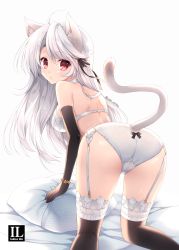 Rule 34 | 1girl, :o, ahoge, all fours, animal ear fluff, animal ears, ass, bare shoulders, bed sheet, black gloves, black ribbon, black thighhighs, bow, bow panties, bra, breasts, cat ears, cat girl, cat tail, clothing cutout, commentary request, elbow gloves, from behind, garter belt, gloves, hair between eyes, hair ribbon, highres, long hair, medium breasts, mitha, original, panties, panties over garter belt, parted lips, pillow, red eyes, ribbon, silver hair, solo, tail, tail raised, tail through clothes, thighhighs, twitter username, underwear, underwear only, very long hair, white background, white bra, white panties