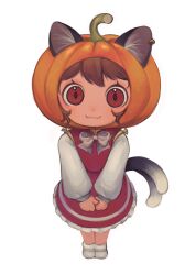 1girl alternate_headwear animal_ear_piercing animal_ears aolyxe bow bowtie brown_hair cat_ears cat_tail chen closed_mouth commentary earrings english_commentary halloween hands_in_opposite_sleeves highres hoop_earrings jewelry long_sleeves looking_at_viewer mandarin_collar multiple_tails nekomata pumpkin_hat red_eyes red_skirt red_vest simple_background single_earring skirt skirt_set smile solo tail touhou two_tails vest white_background white_bow white_bowtie