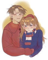 Rule 34 | 1boy, 1girl, age difference, aida kensuke, blue eyes, blush, brown hair, coat, embarrassed, evangelion: 3.0+1.0 thrice upon a time, glasses, gloves, hand on another&#039;s head, head pat, highres, hug, long hair, neon genesis evangelion, rebuild of evangelion, scarf, smile, souryuu asuka langley, twintails, upper body