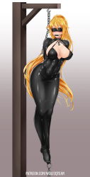 Rule 34 | 1girl, arms behind back, bdsm, bit gag, blindfold, blonde hair, bondage, bondage outfit, bound, breasts, chain, cleavage cutout, clothing cutout, collar, covered navel, gag, gagged, gradient background, high ponytail, highres, large breasts, latex, long hair, midnight (banyex), no bra, original, ponytail, shiny clothes, simple background, skin tight, solo, suspension, tag, very long hair