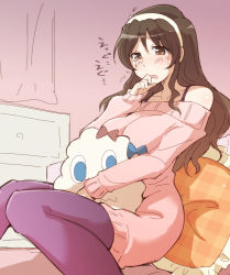 Rule 34 | 10s, 1girl, alternate costume, ashigara (kancolle), blush, brown eyes, brown hair, chest of drawers, dress, e20, frilled pillow, frills, hairband, kantai collection, long hair, off-shoulder, off-shoulder sweater, off shoulder, open mouth, pantyhose, pillow, plaid, purple pantyhose, sitting, solo, sweater, sweater dress, tears, wavy mouth