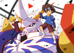 2boys blonde_hair blue_eyes blue_pants blue_shirt brown_eyes brown_footwear brown_hair brown_shorts closed_mouth commentary_request debris digimon digimon_(creature) digimon_adventure digimon_adventure:_bokura_no_war_game english_text frown goggles goggles_on_head highres horns ishida_yamato long_sleeves male_focus multiple_boys mushina_suzume omegamon pants red_shirt shirt shirt_under_shirt short_hair shorts smile socks standing_on_shoulder white_socks yagami_taichi