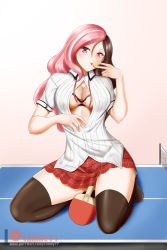 Rule 34 | 1girl, black thighhighs, bow, bow bra, bra, breasts, brown eyes, collared shirt, dress shirt, full body, hair between eyes, heterochromia, highres, kimmy77, kneeling, large breasts, long hair, looking at viewer, miniskirt, multicolored hair, neck ribbon, neo politan, paddle, patreon logo, pink background, pink bow, pink eyes, pink hair, pink ribbon, pleated skirt, red eyes, red skirt, ribbon, rwby, shirt, short sleeves, skirt, solo, split-color hair, striped clothes, striped shirt, table tennis, table tennis paddle, thighhighs, tongue, tongue out, two-tone hair, unbuttoned, underwear, undone neck ribbon, vertical-striped clothes, vertical-striped shirt, watermark, white shirt, wing collar, yellow bra, zettai ryouiki
