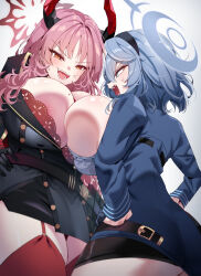 Rule 34 | 2girls, absurdres, ako (blue archive), anger vein, angry, areola slip, ass, belt, blue archive, blue hair, blush, bra, bra peek, breast press, breasts, cleavage, demon girl, demon horns, gloves, hair between eyes, hairband, hand on own hip, highres, horns, huge breasts, long hair, long sleeves, looking at another, mole, mole on breast, multiple girls, necktie, nipples, open mouth, panties, pink eyes, pink hair, rayno, red bra, red eyes, red garter straps, red horns, satsuki (blue archive), shirt, short hair, simple background, skirt, thighhighs, thighs, tongue, tongue out, underwear, yellow eyes, yuri