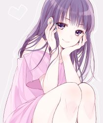 Rule 34 | 1girl, arm support, black eyes, black hair, blue nails, blush, chisumi, grey background, hands up, heart, highres, legs together, long hair, looking at viewer, nail polish, off shoulder, original, outline, pink shirt, purple hair, shirt, short sleeves, smile, solo