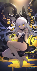 Rule 34 | 1girl, :p, absurdres, ass, azur lane, bare shoulders, barefoot, black leotard, breasts, cleavage, commentary request, covered navel, feet, full body, glowing, glowing eyes, hand on own chest, headgear, highleg, highleg leotard, highres, legs, leotard, long hair, medium breasts, observer alpha (azur lane), siren (azur lane), sitting, smile, solo, strapless, strapless leotard, tentacles, thighs, toes, tongue, tongue out, very long hair, white hair, xiaoxiao nanjue buyaokeng, yellow eyes