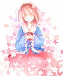Rule 34 | 1girl, bad id, bad pixiv id, blue skirt, blush, buttons, closed eyes, cowboy shot, duomao, frilled sleeves, frills, gradient background, hairband, hands on own chest, heart, komeiji satori, long sleeves, own hands together, pink hair, pink skirt, ribbon, short hair, simple background, skirt, smile, solo, third eye, touhou, wide sleeves