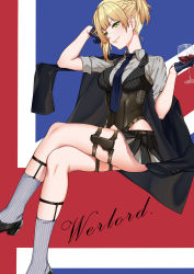 Rule 34 | 1girl, absurdres, ass, blonde hair, braid, corset, cup, drinking glass, girls&#039; frontline, gloves, green eyes, highres, crossed legs, looking at viewer, miniskirt, necktie, pleated skirt, sitting, skirt, smile, socks, solo, thigh strap, welrod mkii (girls&#039; frontline), wine glass, zui ai shuang mawei