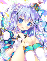 Rule 34 | :d, bare shoulders, blue hair, collar, commentary request, frilled collar, frills, gloves, gochuumon wa usagi desu ka?, hair ornament, highres, holding, holding wand, kafuu chino, kneehighs, knees together feet apart, knees up, light blue hair, looking at viewer, mikeou, open mouth, sitting, sleeveless, smile, socks, twintails, wand, x hair ornament