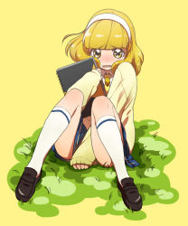 Rule 34 | 10s, 1girl, between legs, blonde hair, blush, cardigan, covering privates, covering crotch, eyelashes, grass, hairband, kise yayoi, loafers, open mouth, pama, precure, school uniform, shoes, short hair, sitting, sketchbook, skirt, smile precure!, solo, wavy mouth, white hairband, yellow eyes