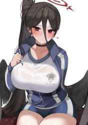 Rule 34 | 1girl, absurdres, bad id, bad twitter id, bare shoulders, bike shorts, black choker, black hair, black wings, blue archive, blue jacket, blue pants, blush, breasts, choker, cleavage, closed mouth, commentary, feathered wings, feathers, gym uniform, hair between eyes, halo, hasumi (blue archive), hasumi (track) (blue archive), highres, holding, holding pen, huge breasts, jacket, ksubi (toxtricitygf), large breasts, large wings, long hair, looking at viewer, mole, mole under eye, official alternate costume, pants, pen, ponytail, red eyes, shirt, solo, sweat, sweatdrop, thighs, watermark, white shirt, wings