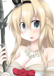 Rule 34 | 1girl, black hairband, blonde hair, blue eyes, braid, breasts, cleavage, crown, dress, flower, hairband, half up braid, jewelry, kantai collection, large breasts, long hair, long sleeves, looking at viewer, mini crown, necklace, off-shoulder dress, off shoulder, ouno (nounai disintegration), red flower, red ribbon, red rose, ribbon, rose, scepter, simple background, solo, upper body, warspite (kancolle), white background, white dress