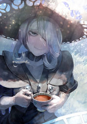 Rule 34 | 1girl, black choker, black hat, choker, closed mouth, cogita (pokemon), collarbone, commentary request, creatures (company), cup, dress, eyelashes, flipped hair, game freak, glint, gloves, grey eyes, grey hair, hair over one eye, hat, holding, holding cup, looking at viewer, medium hair, nintendo, pokemon, pokemon legends: arceus, smile, solo, table, tea, white gloves, yamanashi taiki