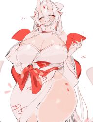Rule 34 | 1girl, bare hips, bare legs, bare shoulders, blush, breasts, cleavage, closed eyes, earrings, fingernails, highres, horns, huge breasts, japanese clothes, jewelry, kimono, long hair, off shoulder, oni horns, original, pointy ears, ruri tsubaki (usa37107692), sharp fingernails, side slit, smile, thick thighs, thighs, usa37107692, very long hair, white hair, white kimono, wide hips