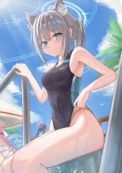 Rule 34 | 3girls, absurdres, animal ear fluff, animal ears, black one-piece swimsuit, blue archive, blue eyes, blue sky, breasts, cloud, competition swimsuit, covered navel, cross hair ornament, day, extra ears, feet out of frame, grey hair, hair ornament, halo, highres, hoshino (blue archive), hoshino (swimsuit) (blue archive), looking at viewer, low ponytail, medium breasts, medium hair, milkcandyer, mismatched pupils, multicolored clothes, multicolored swimsuit, multiple girls, one-piece swimsuit, outdoors, pool ladder, serika (blue archive), serika (swimsuit) (blue archive), shiroko (blue archive), shiroko (swimsuit) (blue archive), sitting, sky, solo focus, swimsuit, wolf ears