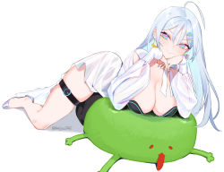 Rule 34 | 1girl, ahoge, beijuu, breasts, cleavage, closed mouth, copyright request, crescent, crescent earrings, earrings, fingernails, grey hair, hair between eyes, hair ornament, jewelry, large breasts, long fingernails, long hair, long sleeves, looking at viewer, mismatched earrings, multicolored eyes, planet earrings, shoes, simple background, smile, solo, thigh strap, virtual youtuber, white background