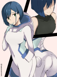 Rule 34 | 10s, 1girl, ass, black shirt, blue hair, bodysuit, closed mouth, collarbone, commentary request, darling in the franxx, green eyes, hand to own mouth, head tilt, ichigo (darling in the franxx), looking at viewer, shirt, short hair, skin tight, sleeveless, sleeveless shirt, solo, tasora, twitter username