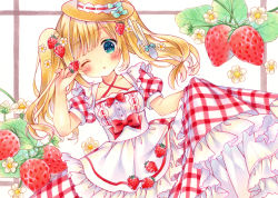 Rule 34 | 1girl, apron, aqua eyes, bad id, bad pixiv id, blonde hair, blush, bow, breasts, collarbone, commentary, cowboy shot, dress, flower, food, food-themed hair ornament, fork hair ornament, frilled dress, frills, fruit, hair flower, hair ornament, halterneck, hand up, heart, heart-shaped pupils, highres, holding, holding food, holding fruit, long hair, looking at viewer, marker (medium), one eye closed, original, parted lips, plaid, plaid dress, puu (kari---ume), red bow, red dress, short sleeves, sidelocks, skirt hold, small breasts, solo, spoon hair ornament, strawberry, strawberry hair ornament, symbol-only commentary, symbol-shaped pupils, traditional media, twintails, white apron, white background, white flower