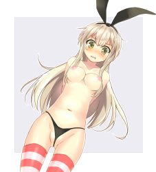 Rule 34 | 10s, 1girl, arms behind back, black panties, blush, breasts, brown hair, hairband, kantai collection, kimamani, long hair, nipples, panties, partially visible vulva, personification, shimakaze (kancolle), socks, solo, striped clothes, striped socks, striped thighhighs, thighhighs, topless, underwear, yellow eyes