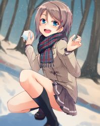 Rule 34 | 10s, 1girl, black socks, blue eyes, blurry, blush, brown hair, coat, depth of field, hair ornament, hairclip, highres, kneehighs, looking at viewer, love live!, love live! sunshine!!, nanotsuki, open mouth, outdoors, pleated skirt, round teeth, scarf, shoes, short hair, skirt, smile, snow, snowball, snowball fight, snowing, socks, solo, squatting, teeth, tree, watanabe you, winter, winter clothes, winter coat
