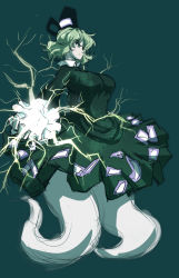 Rule 34 | &gt;:), 1girl, breasts, dress, electricity, female focus, full body, ghost tail, green background, green dress, green eyes, green hair, hat, huge breasts, japanese clothes, long sleeves, matching hair/eyes, mazume, profile, short hair, simple background, soga no tojiko, solo, tate eboshi, touhou, tsurime, v-shaped eyebrows