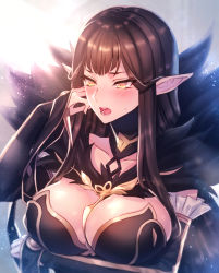 Rule 34 | 1girl, :o, backlighting, between breasts, black dress, blush, breast hold, breasts, cleavage, collarbone, detached sleeves, dress, embarrassed, fate/grand order, fate (series), fur trim, halter dress, halterneck, hand on own cheek, hand on own face, large breasts, light particles, long hair, long sleeves, looking away, looking to the side, moe (hamhamham), open mouth, pointy ears, purple hair, semiramis (fate), sleeves past wrists, solo, straight hair, sweat, tsurime, upper body, v-shaped eyebrows, yellow eyes